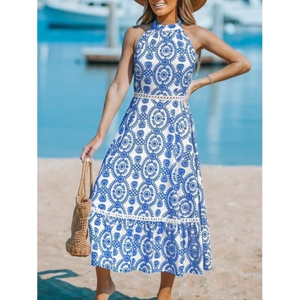 CUPSHE Blue and White Halter Dress